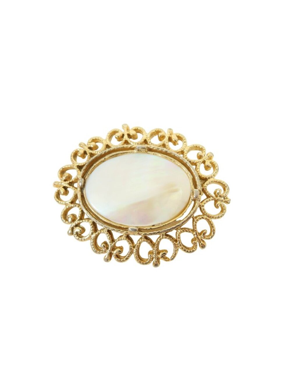 Vintage Gold Tone Oval Mother of Pearl Filigree Brooch Pin 1.75" Unsigned